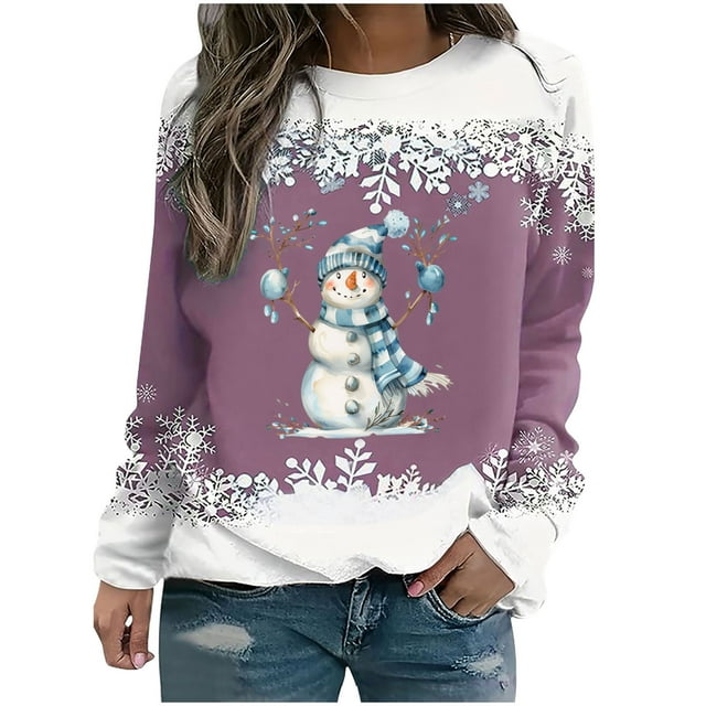 Rbaofujie Chandails d'Automne pour Femmes Noël Mode Décontractée Imprimé Col Rond Manches Longues Amples Blouse Chandails en Molleton Roses Chandails à Capuchon pour Femmes