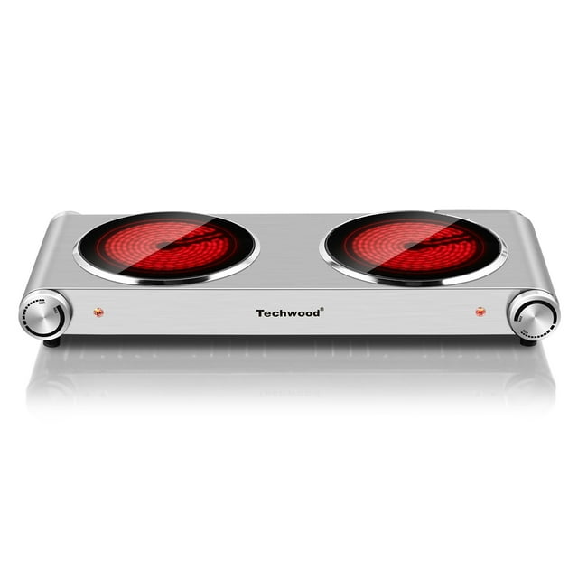Techwood 1800W Double Burner Electric Cooktop,Infrared Ceramic Hot Plates for Fast Heating, Easy to Clean,Silver
