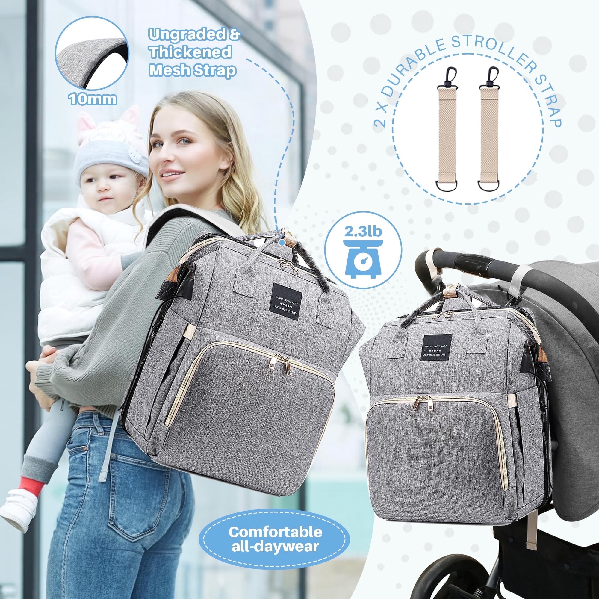 Diaper Bag Backpack,AILKIN Large Capacity Baby Bag Travel Backpack with 3 Insulated Milk Bottle Pockets Stroller Straps,Baby Shower Gifts Travel Large Diaper Bag Backpack for Women,Gray