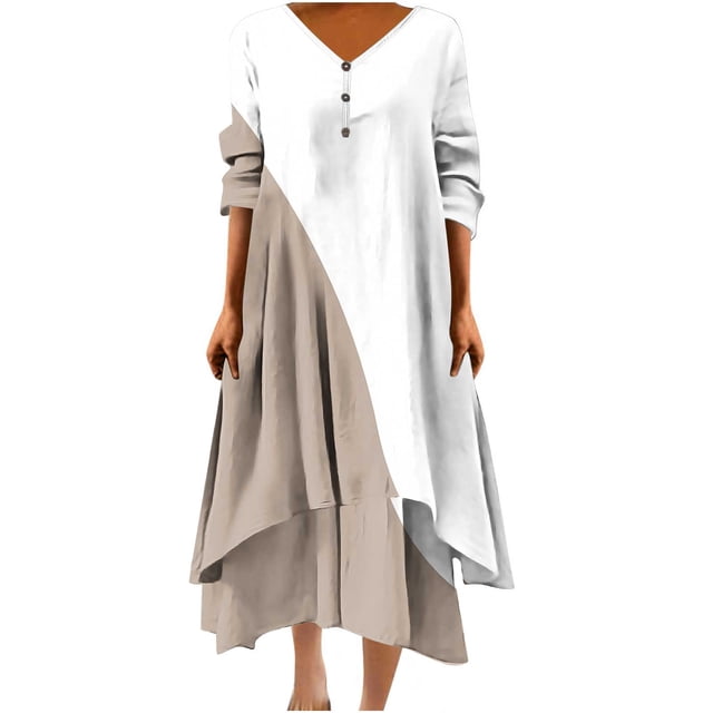 Pisexur Robes pour Femmes Mode Couleur Patchwork Imprimé Col en V Robe Maxi Été Décontractée Manches 3/4 Robe Soleil Élégante Ample Fluide Ourlet Irrégulier Bouton Robe de Plage Grande Taille Longue Robe P-5TG