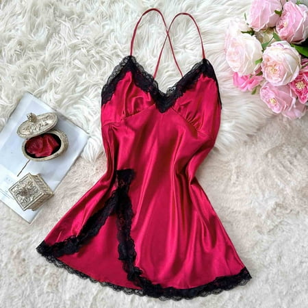 Abomasnow Women s Lingerie Satin Lace Chemise Nightgown Spaghetti Strap Nightgown Babydoll V Neck Sexy Side Slip Sleepwear Dress on Clearance