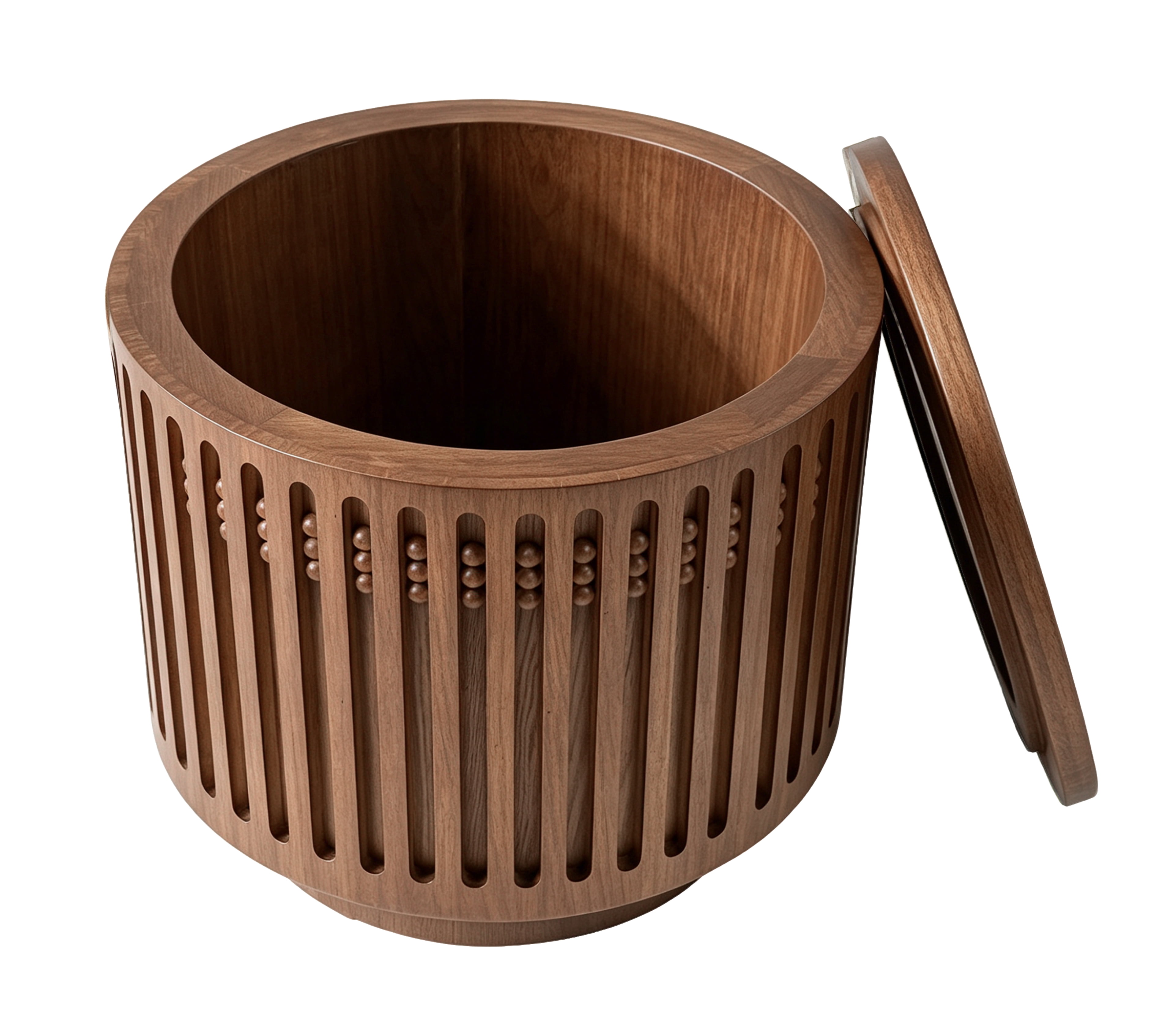 18.9" Round Wooden Side Table, Cylinder Lattice Design End Table,Coffee Table with Grille Solid Wood Effect, Boho Accent Table with Hidden Storage Option,for Living Room,Bedroom