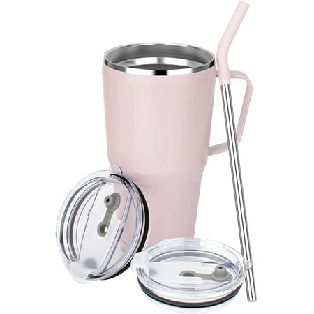 

Surp 30 oz insulated cup with handle stainless steel vacuum cup cover and straw can keep hot and cold for several hours sweat proof/leak proof/dishwasher safe car seat cup pink