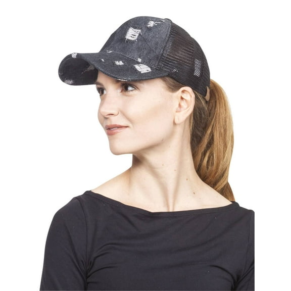Vintage Distressed Pony Tail Outlet Mesh Adjustable Hat, Black