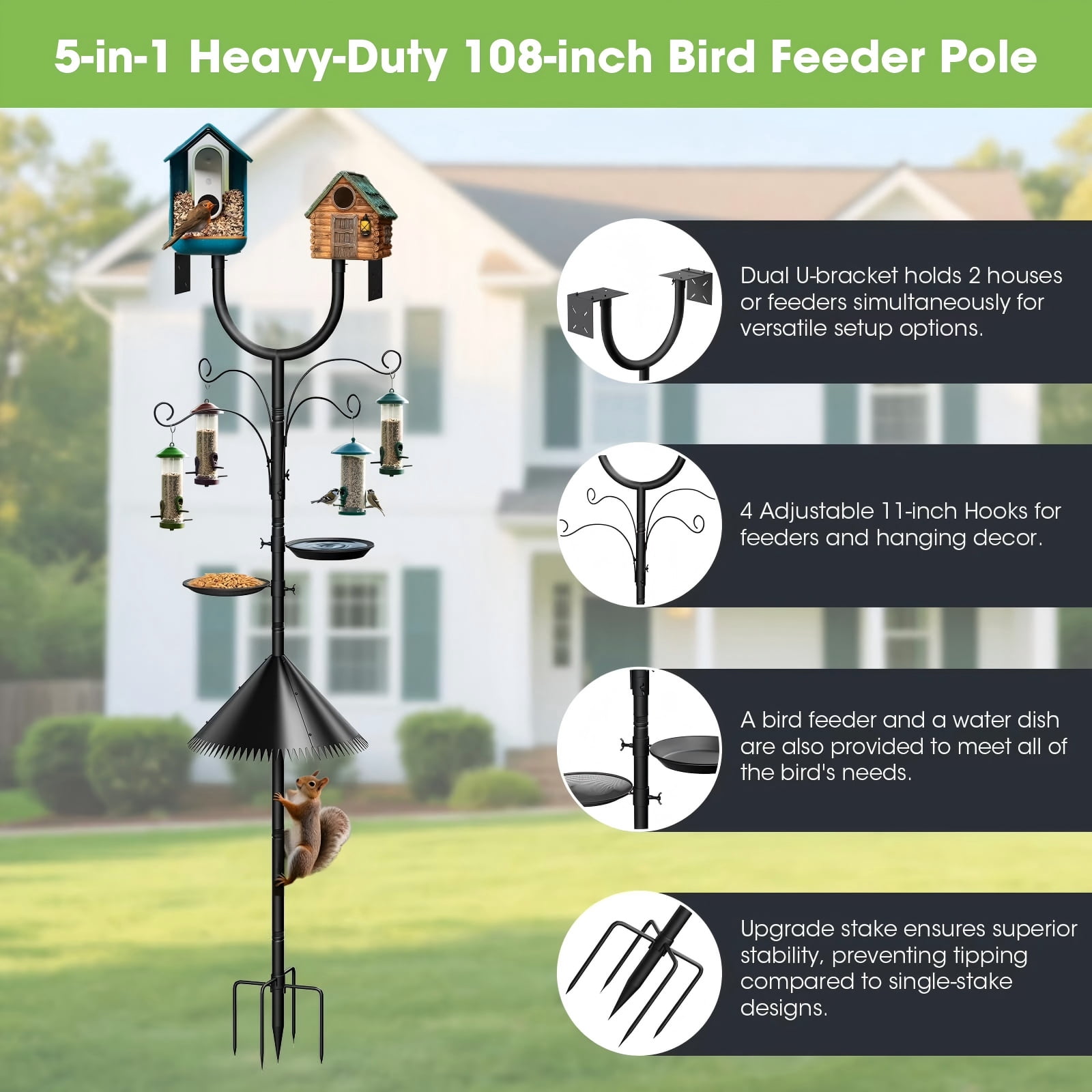 Squirrel Proof Bird Feeder Pole - Adjustable 47"-108" Heavy Duty Pole with Upgraded U-Shape Platform, 4 Hooks, Includes Birdbath & Tray for Outdoor Garden Yard