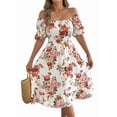 thumbnail image 3 of Women's Ruffle Off Shoulder Floral Midi Smocked Flowy Long Dresses Dress for Summer Spring Beach White S, 3 of 10