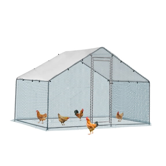 Alvantor 6.5ft x 10ft Walk-in Metal Chicken Coop Run with Waterproof PE Cover Galvanized Steel Frame Lockable Door Hex Wire Mesh