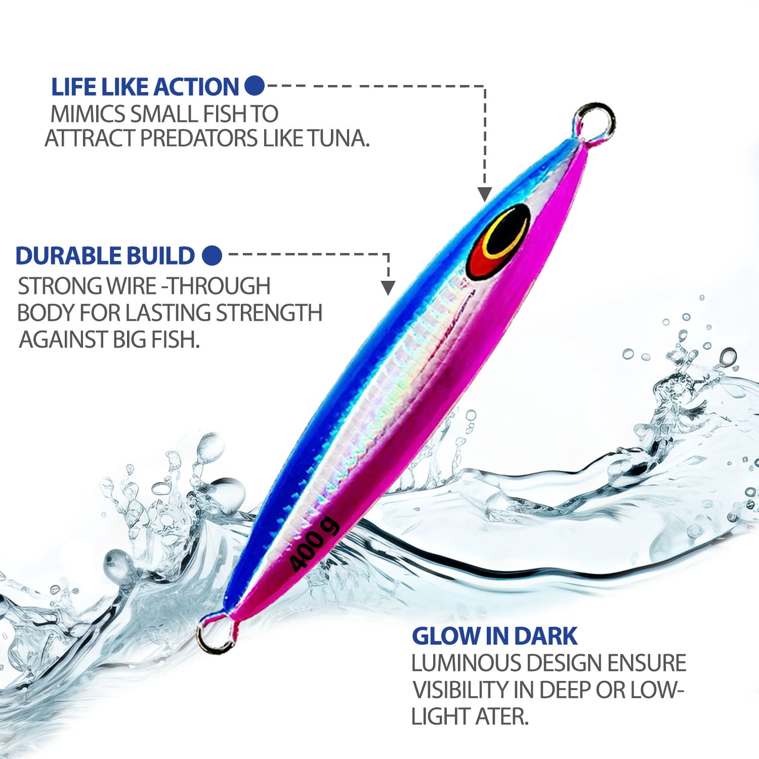 6" Tuna Jig 400g,3 Pcs Blue Pink Zebra Glow Saltwater Fishing Lures, Fishing Gear & Tackle, Tuna Fishing Jig