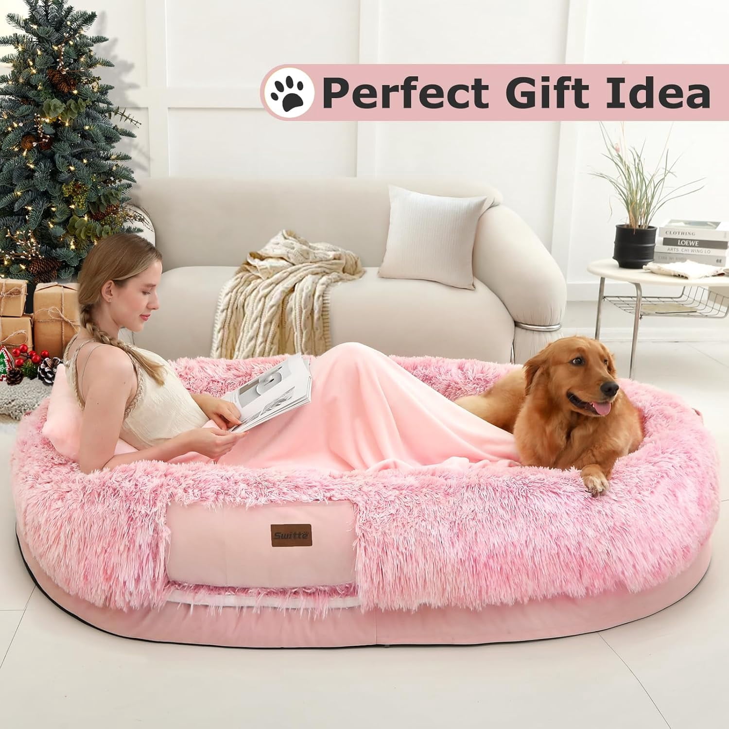 SWITTE Human Dog Bed for Adult, 71"x47"x13" Washable Large Human Size Dog Bed with Blanket for People Doze Off, Removable Giant Dog Bed with Pillow for Adult Pet - Pink