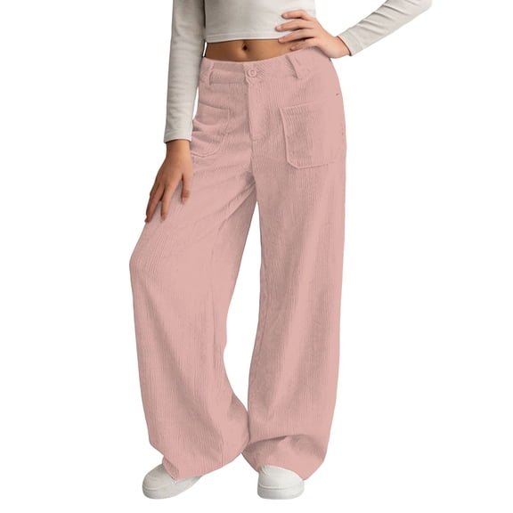 Kids Girl's Solid Corduroy Wide Leg Pants Button Front Zipper Straight Pants with Pockets Clothes
