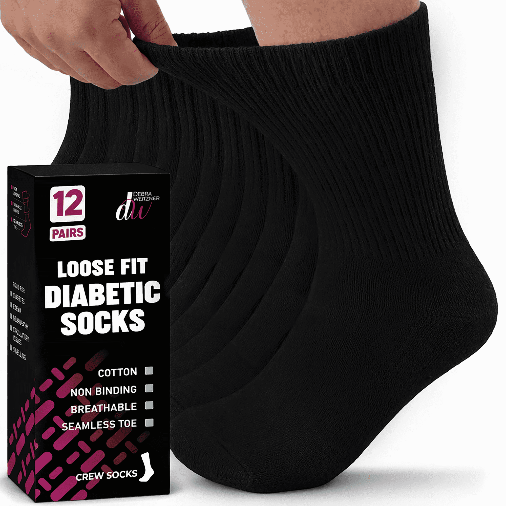 Debra Weitzner Diabetic Crew Socks Mens Womens Non-binding Socks Loose Fit 12 Pairs Black