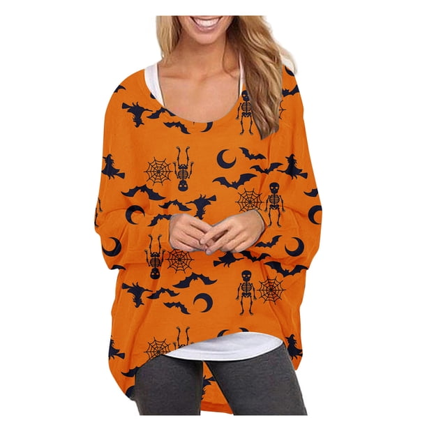 Camiseta holgada de manga larga con cuello redondo y manga murciélago con estampado de Halloween para mujer Fridja ghj987+3804