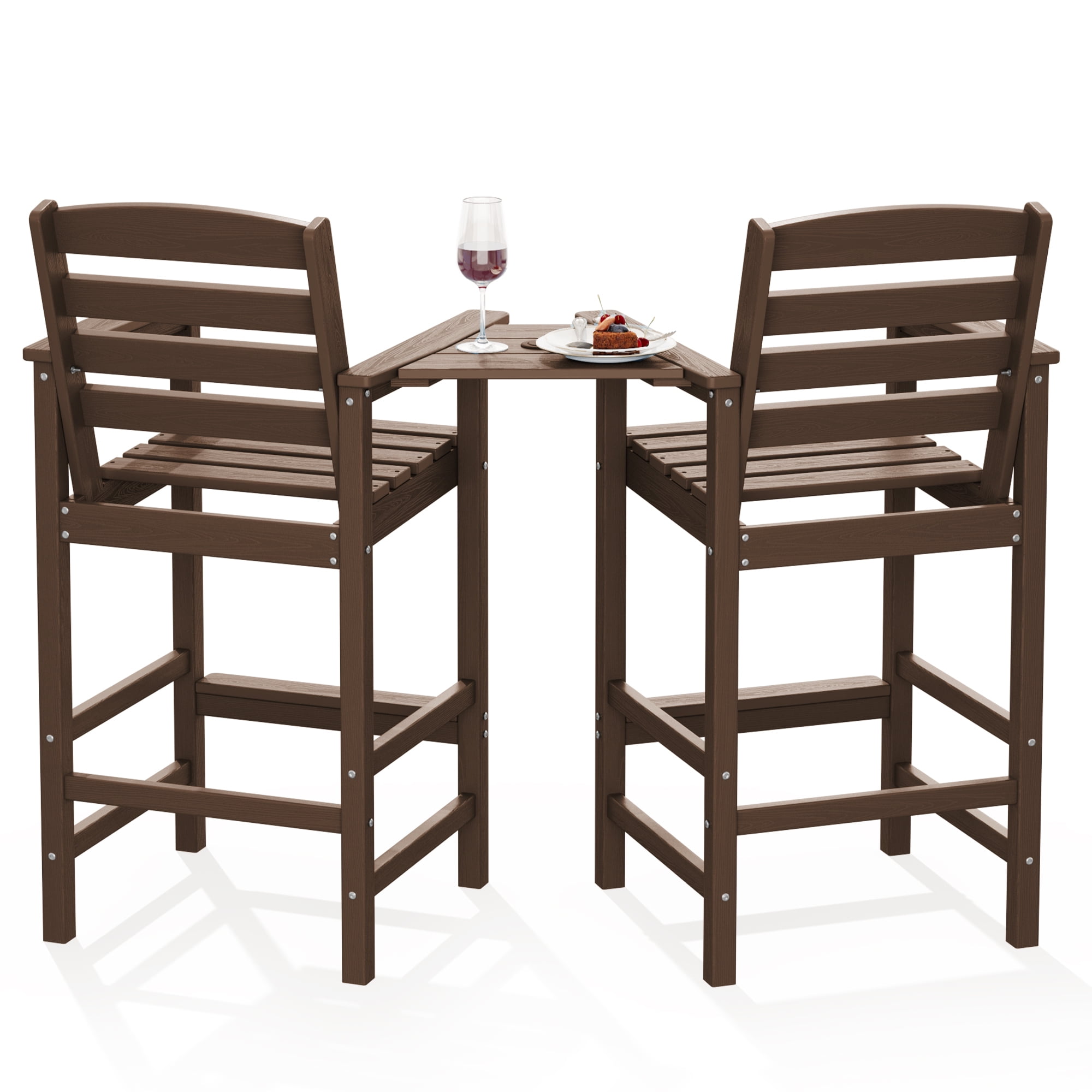 LOYALICE Balcony Chair Set of 2, Outdoor Adirondack Barstools with Connecting Tray, Brown
