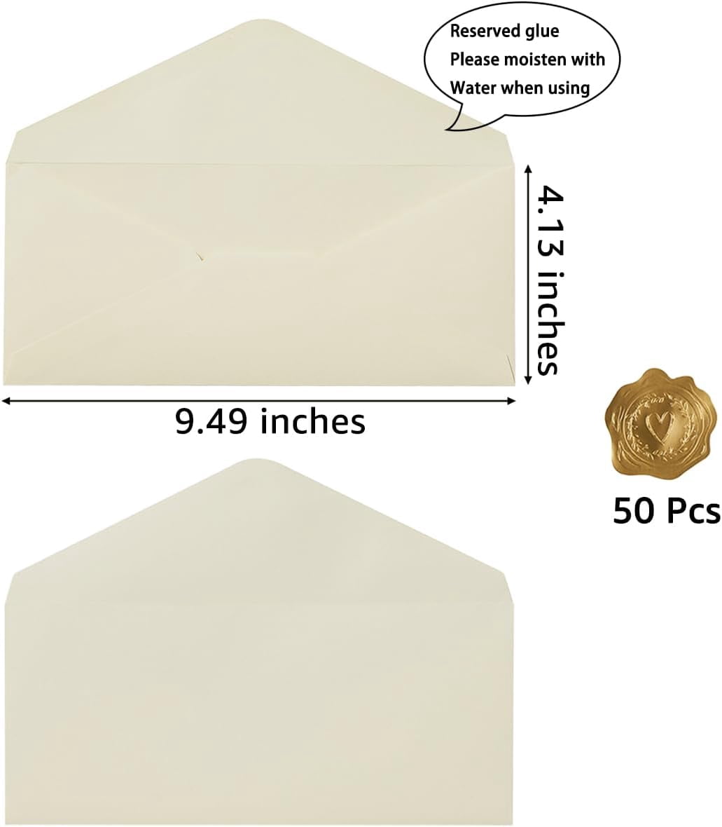 50 Count #10 Business Envelope with Gold Stickers for Office, Business, Letter Mailing, 4.13 x 9.49 Inches (Cream Color)