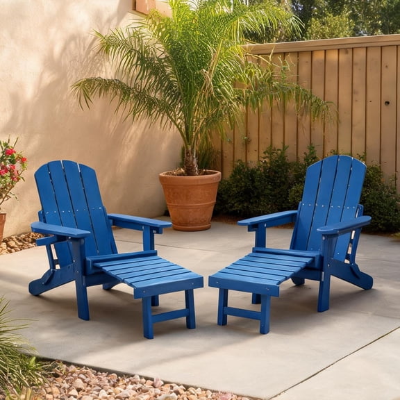 Outdoor Lounge Chair Set of 2 with Hidden Ottoman, Deep Blue HIPS, Foldable Reclining for Patio or Garden