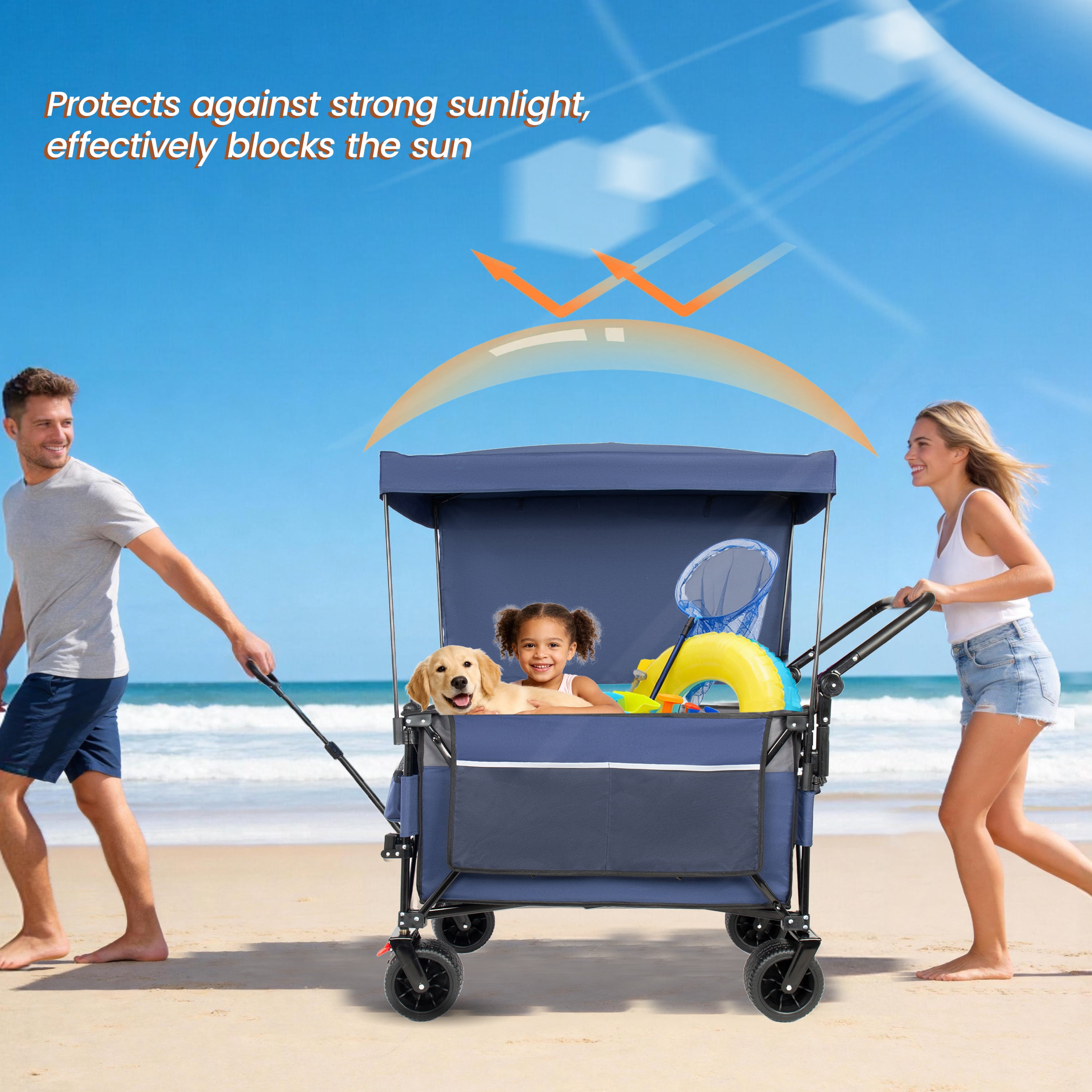 Multi-Functional Push-Pull Folding Wagon Cart Blue, Rotating Handle & Canopy, 7''x4'' Wheels with Brakes, 480lbs 300L for Outdoor, Groceries, Transport