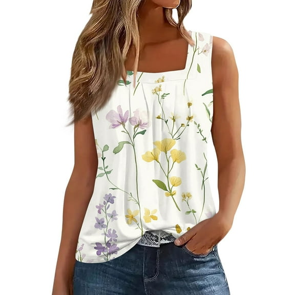 JGNGSHN Womens Tank Tops Summer Pleated Square Neck Basic Shirts Comfy Loose Printed Tuncis Vacation Clothes
