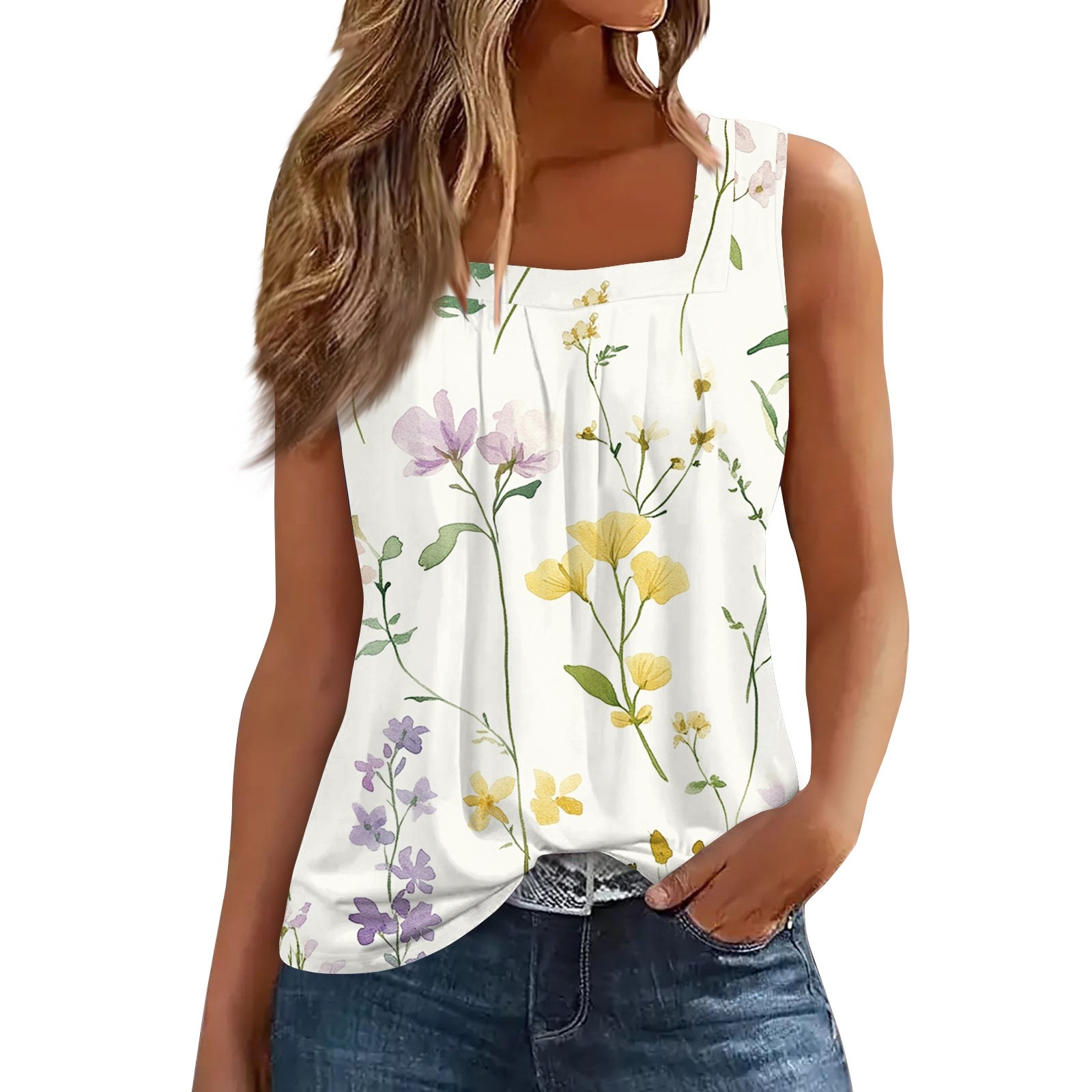 JGNGSHN Womens Tank Tops Summer Pleated Square Neck Basic Shirts Comfy Loose Printed Tuncis Vacation Clothes