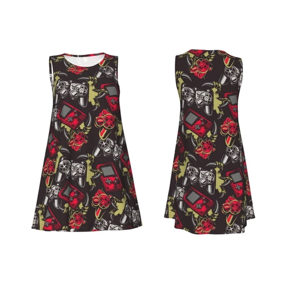Horeoi Vintage Gaming Print Women's Sleeveless Dress Cotton-like Flared Hem Deep Side Pockets Above-Knee