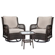 Zstar 3 Pieces Patio Furniture Set, Patio Bistro Set Wicker Rattan Swivel Rocking Chairs, Glass Top Side Table, Beige