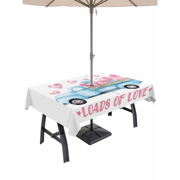 Outdoor Tablecloth with Umbrella Hole and Zipper, Valentine's Day Rectangle Table Cloth 54x80 Inch Waterproof Tablecloth, Blue Truck Loads of Love Romantic Picnic Table Cover for Patio Camping