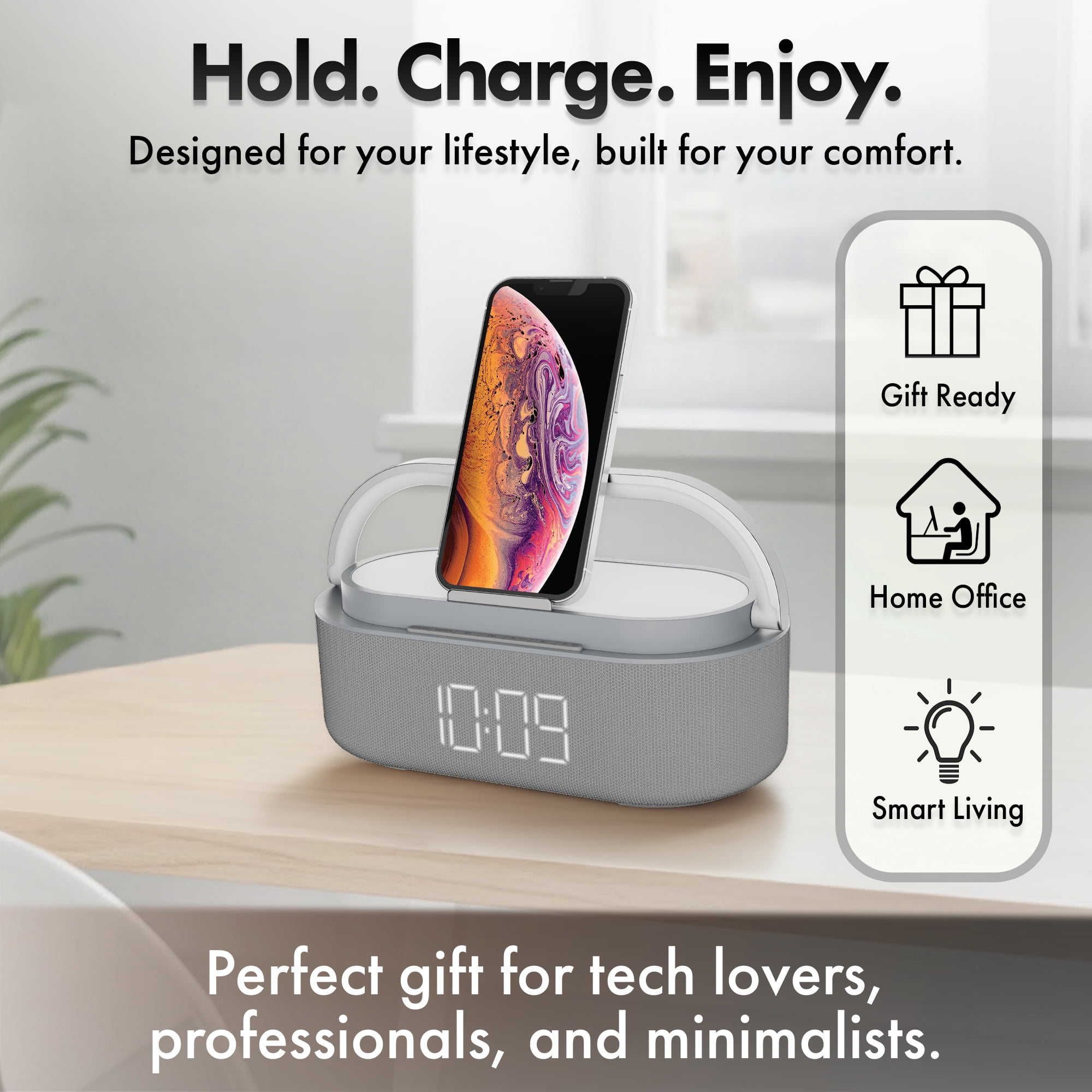 MVMT Harmonic 6-in-1 Portable Bluetooth Speaker with 15W Wireless Charging, Ambient Light, Alarm Clock, FM Radio & Phone Holder