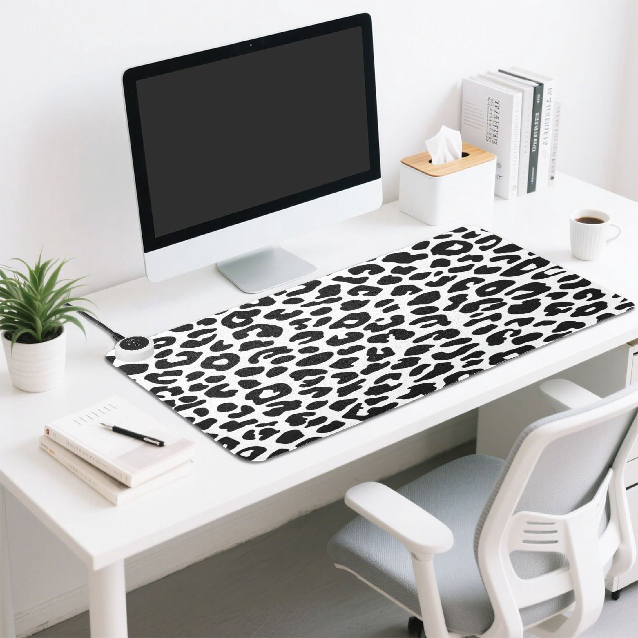 Large Heated Desk Mat Mouse Pad 31.5"x13"PU Leather Graphene Heating Desk Warmer with 3 Temperature Settings 110V US Plug Non-Slip Warm Pad for Home, Office, and Gaming Minimalist Black Leopard Print