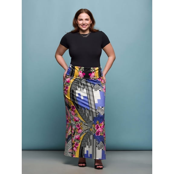 Plus Size Floral Foldover Waist Maxi Skirt