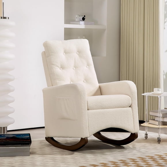 TROPOW Upholstered Rocking Chair Accent Chair, Nursery Rocking Chairs in Teddy Fabric with High Backrest,Side Pocket and Rubber Wood Legs, Comfy Nursing Chair for Living Room,(White)