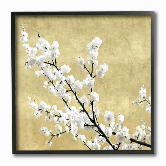 Stupell Industries Cherry Blossom Branches over Neutral Tan Graphic Art Black Framed Art Print Wall Art, 12x12, by Kate Bennett