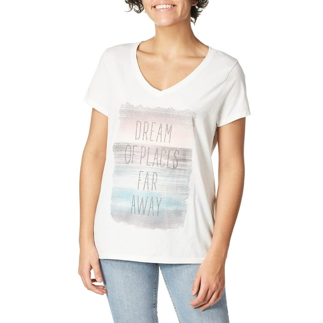 Hanes 00617914394103 Tee-Shirt à Manches Courtes Col en V pour Femmes Rêve d'Endroits Loin, Blanc - Grand