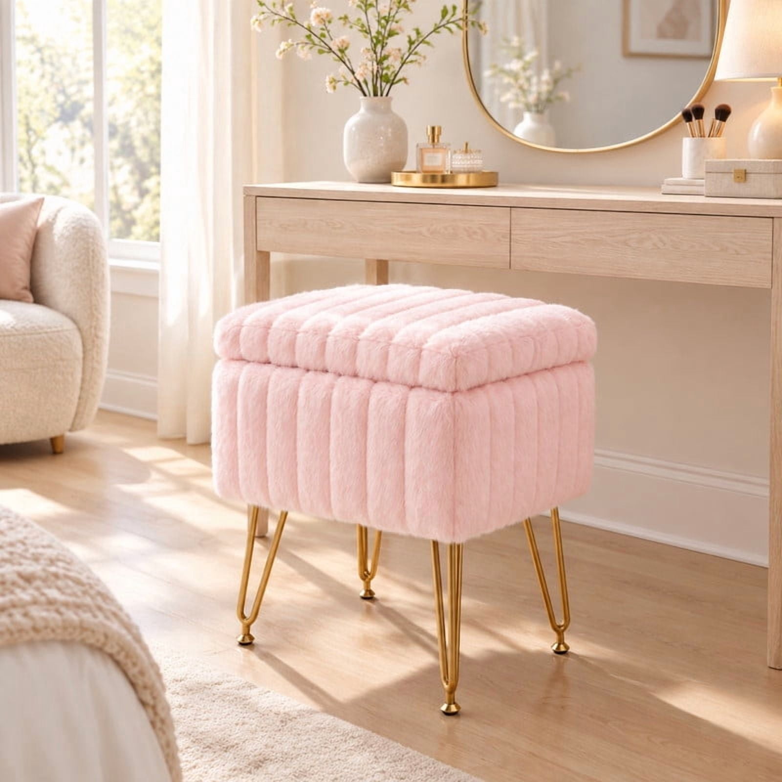 BEAUTYPEAK Vanity Stool with Storage Faux Fur Padded Makeup Ottoman with Gold Metal Legs and Adjustable Feet 18.9" Footstool, Pink