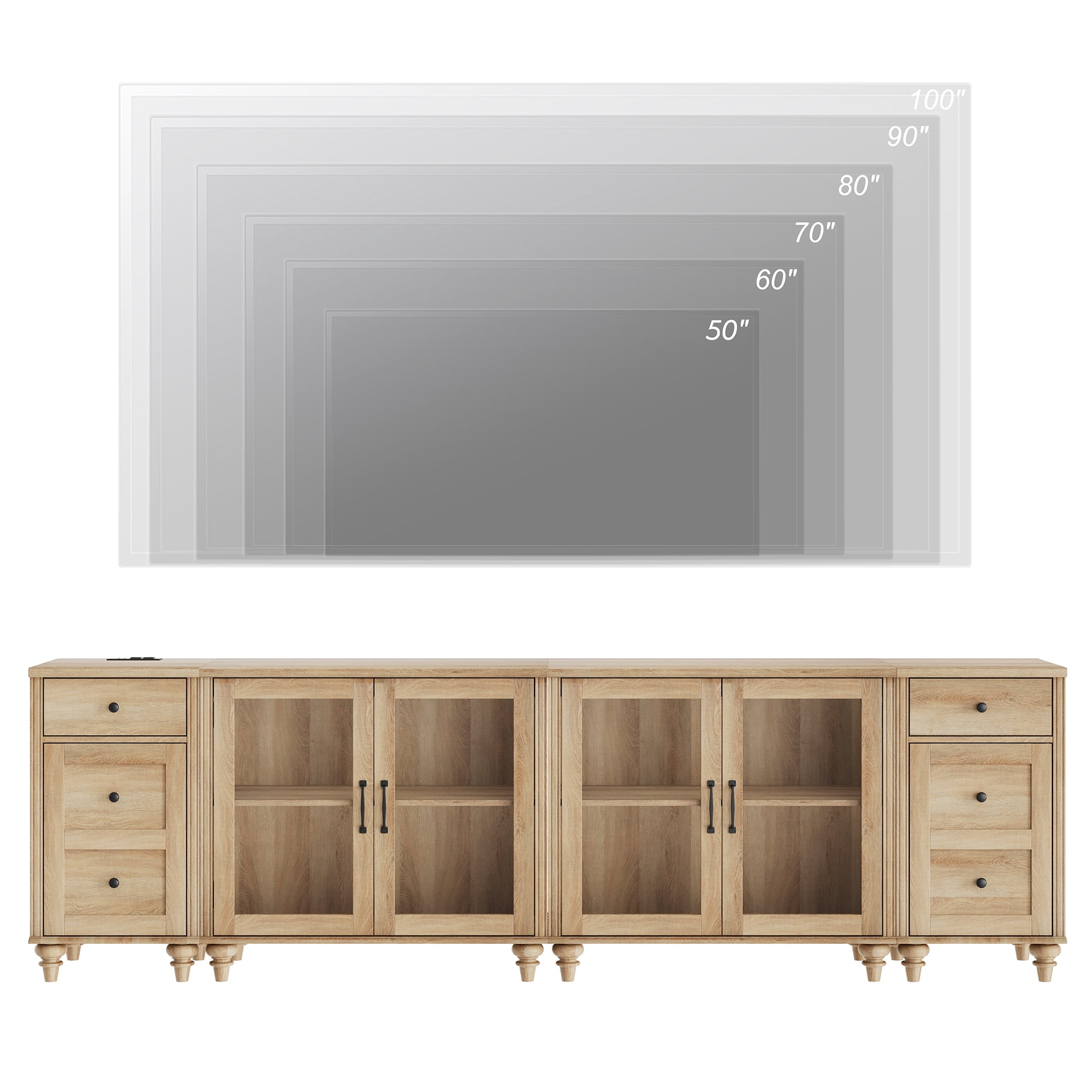 WAMPAT TV Stand for 100 Inch TV, Wooden TV Console Table for 85 90 95 Inch TV, Entertainment Center with Charging Station & Glass Door, Kitchen Sideboard Buffet Cabinet for Dining Room, Oak