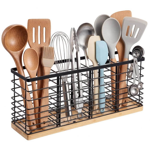 Iron Utensil Holder Organizer 4-Grid Countertop or Wall Mount with Drainage Holes, 15.7x7.1x4.3 Inches