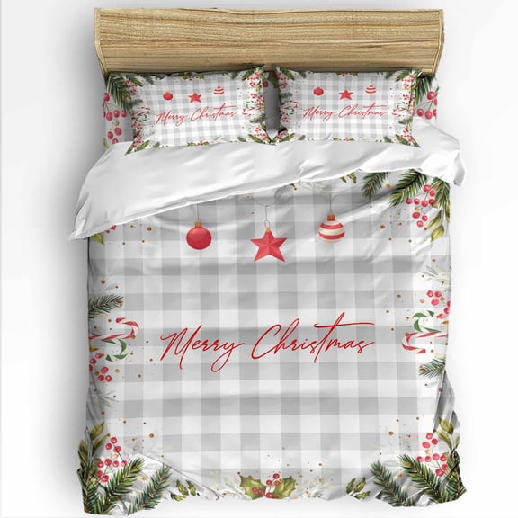 Merry Christmas Twin Size Comforter Set, Red Star Ball Evergreen Bough Berry Gray Plaid Bedding for All Seasons, 4 Pcs Bed Set with 1 Comforter (68"x86") ,1Sheet(66"x116"), 2 Pillowcases (19"x29")