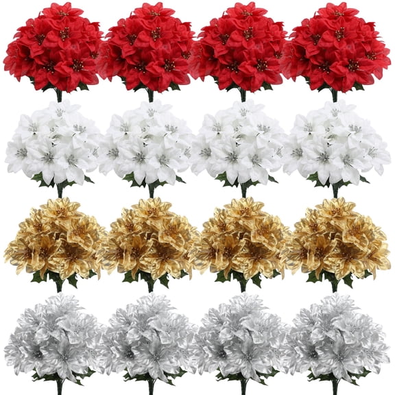 Janrevotw 4-Stem Artificial Poinsettia Bushes, 11.81-Inch Artificial Red Velvet Poinsettia Flowers For Indoor/Outdoor Christmas Tree & Home Porch Decorations (White)