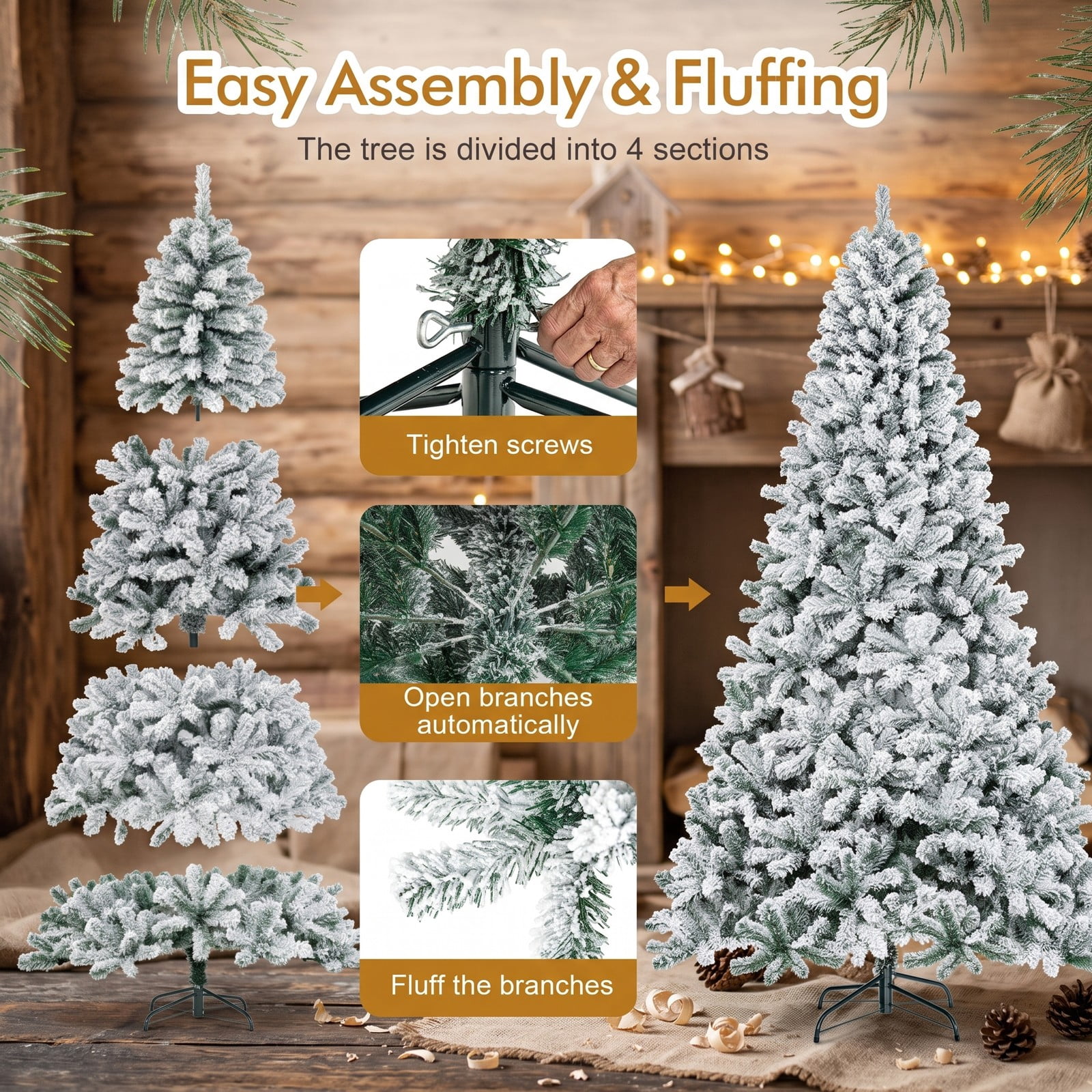 RUIE 9 FT Artificial Christmas Tree, Premium Snow Flocked Hinged Full Xmas Tree with Metal Stand, 1498 Branch Tips PVC Holiday Tree for Home Office Party Indoor, White