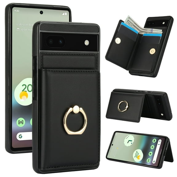 ELEHOLD Case for Google Pixel 6a,Business PU Leather Stand Case with Card Holder & Ring Holder,Black