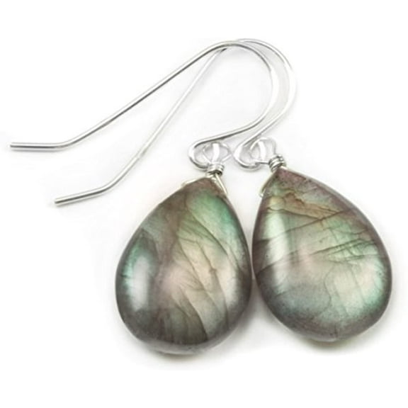 Sterling Silver Labradorite Earrings Smooth Fat Teardrop Blue Green Gold Flash Simple Dangle Drops Designed for Adult Women