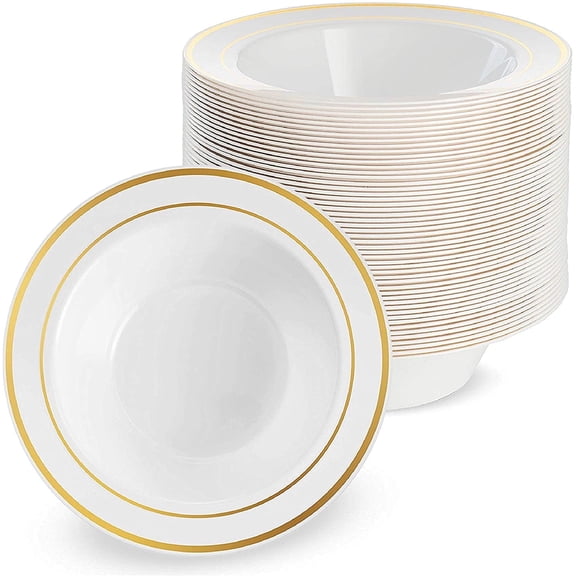 Matana Reusability Party Bowls with Gold Rim, Plastic White, 25 Count