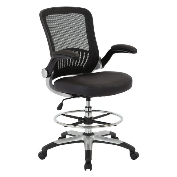 Mesh Black Back Fabric Drafting Chair Faux Leather Seat Adjustable Foot Ring
