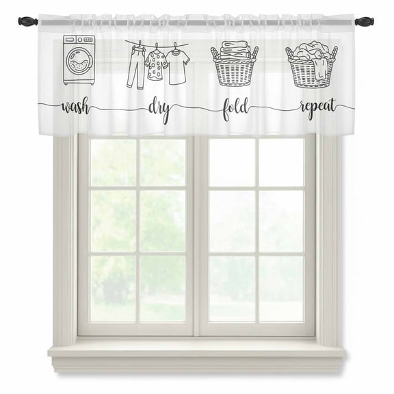Black White Valance Curtains for Kitchen/Living Room/Bathroom/Bedroom Window, Rod Pocket Small Topper Half Short Window Curtains Voile Sheer Scarf, Cartoon Farmhouse Retro 60"x18"