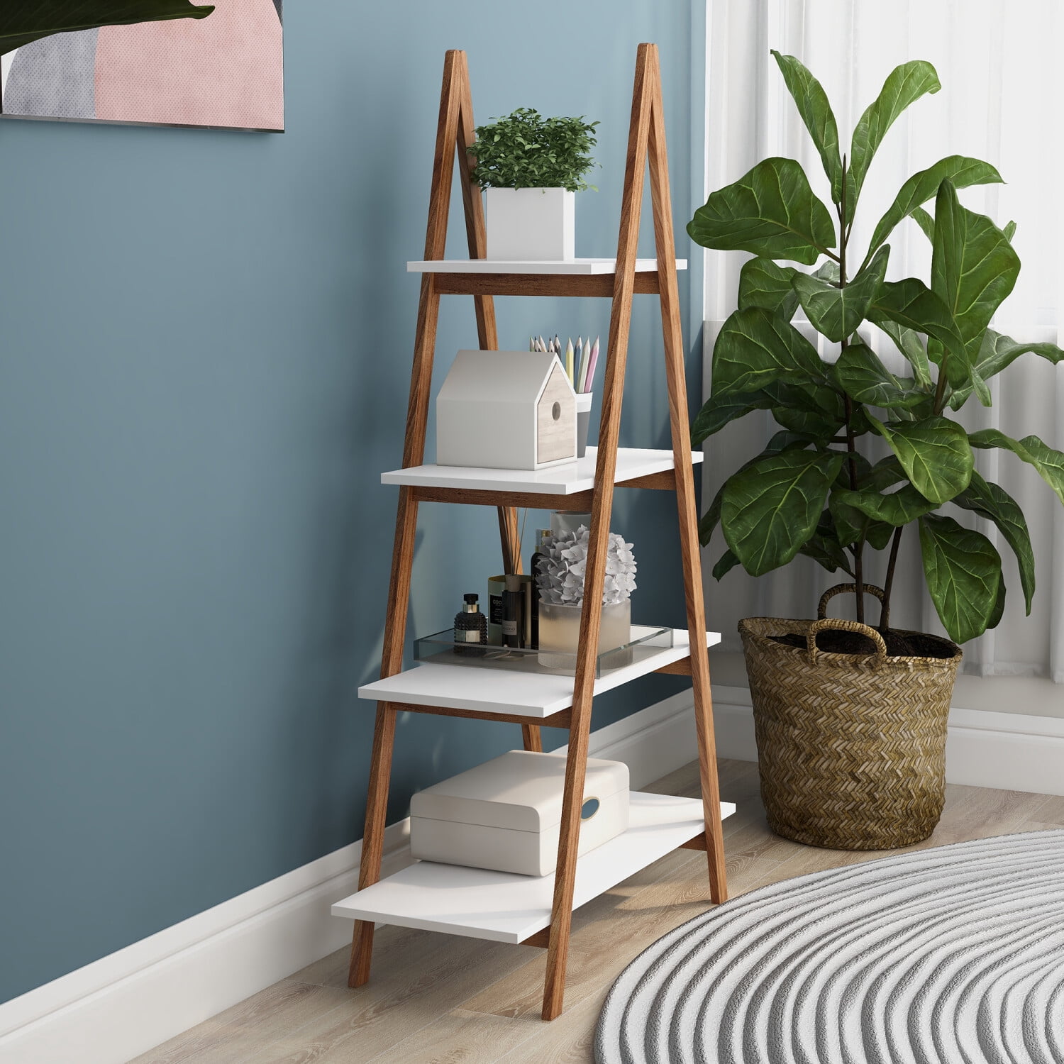 4-Tier Ladder Bookcase Multifunctional Display Shelf, Christmas Village Display Stand, Tall Ladder Shelf Storage Organizer for Living Room, Home Office