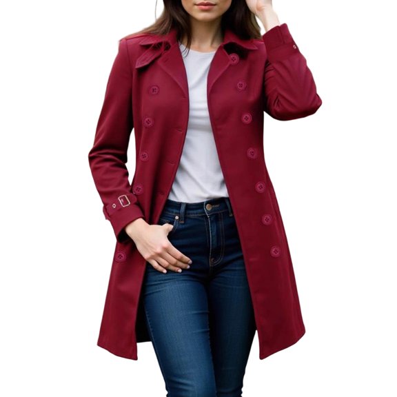 Women's Coat Double-Breasted Long Dressy Windbreaker Overcoat, Fall Winter Outerwear for Formal and Casual Occasions,Wine,2XL