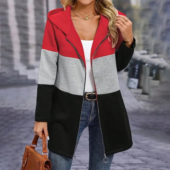 YUNAFFT Color Block Hooded Casual Jacket with Zipper Detail Long Sleeve Lightweight Outwear for Women