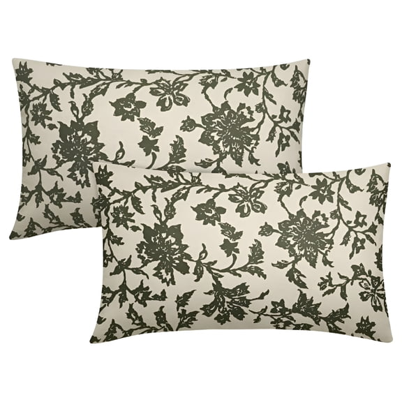 AUQ Olive Green Floral Block Print Lumbar Pillow Covers 12X20 Set of 2 Rustic Old Style Vintage Flower Pattern Cream Decorative Rectangle Throw Pillow Cases Outdoor Farmhouse Decoration