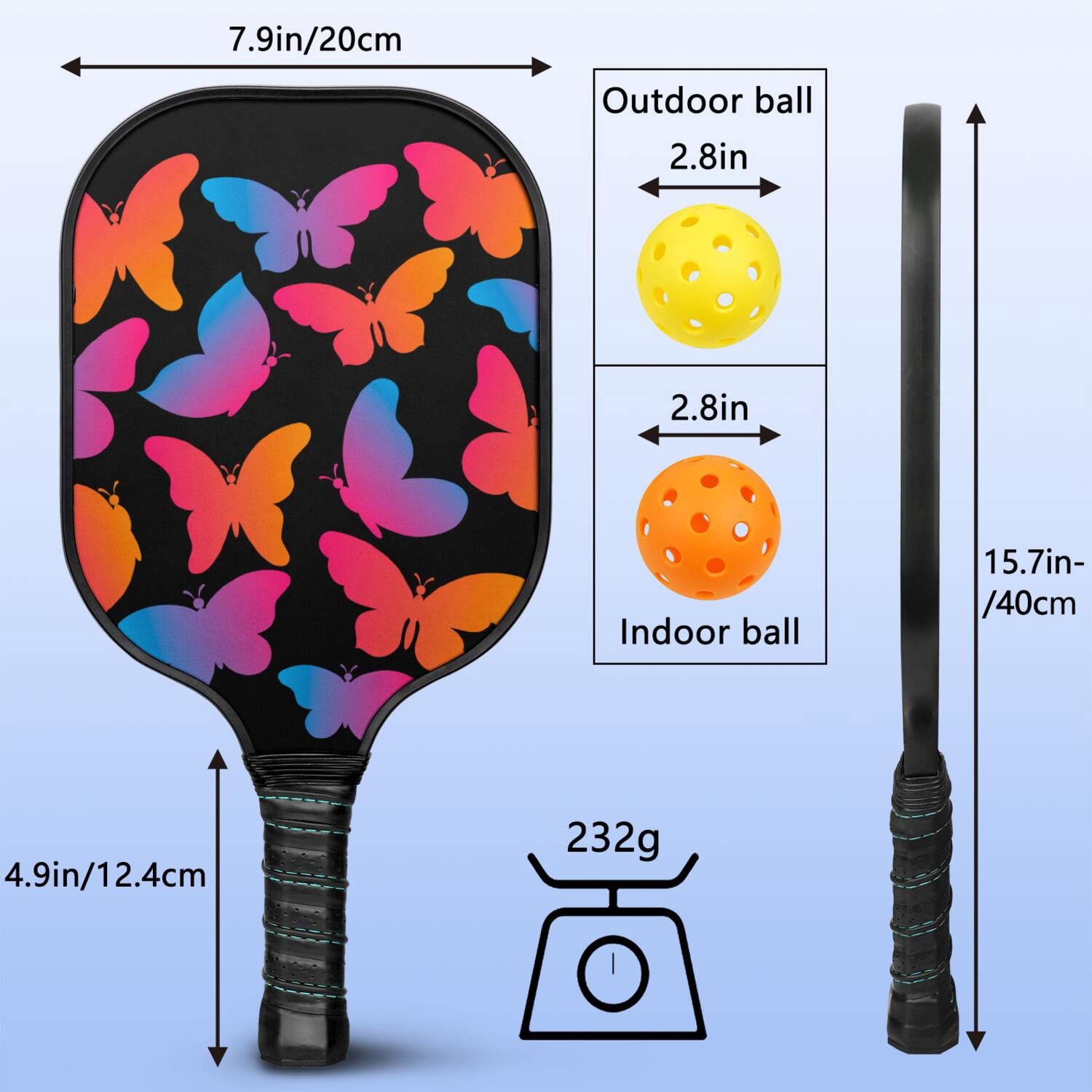Pickleball Paddles Set Of 1, Fiberglass Surface, Butterfly Print, 1 Paddle, 2 Balls & Bag
