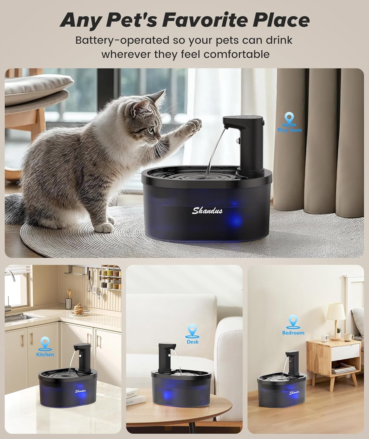 Cordless Cat Water Fountain, 5000mAh Battery Operated Pet Water Fountain, 101oz/3L Wireless Cat Drinking Fountain with Motion Sensor for Cats Indoor Outdoor Ultra Quiet BPA-Free