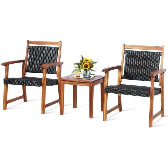 Patiojoy Rattan Bistro Set 3-Piece Outdoor Acacia with Table and Chairs, Brown
