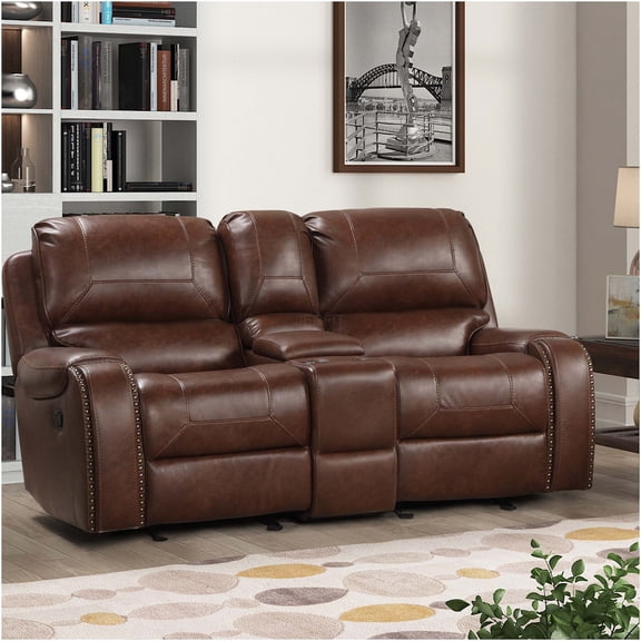 JERFIT Manual Reclining Loveseat with Storage Console, Faux Leather Sofa Bed with Cup Holders, Nailhead Accent, Brown